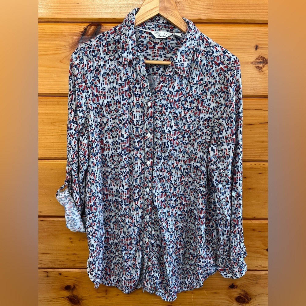 Caffe Marrakesh Top Long Sleeve Button Front Colorful Rayon Blouse XL